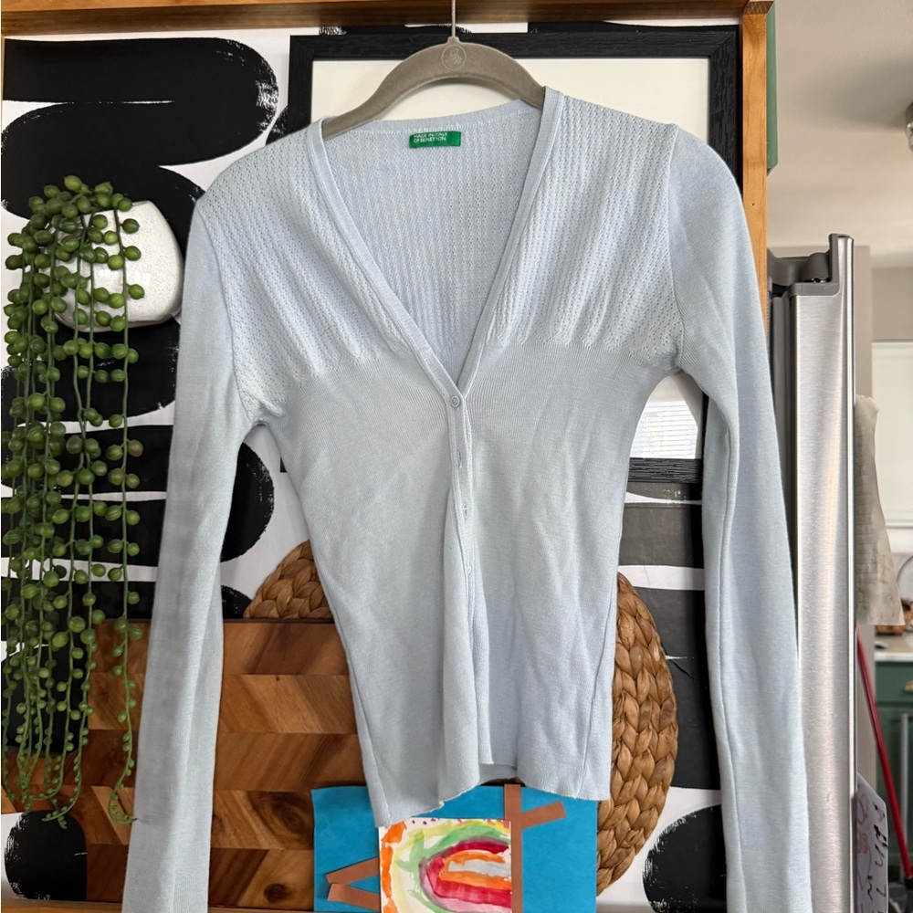 Made in Italy of Benetton Pointelle Knit Cardigan | Ice Blue | V-Neck size S